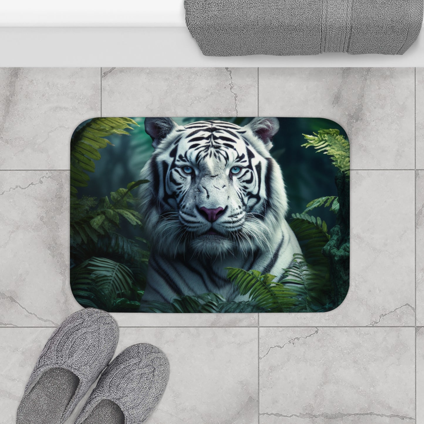 Bath Mat - White Tiger Print Home Decor